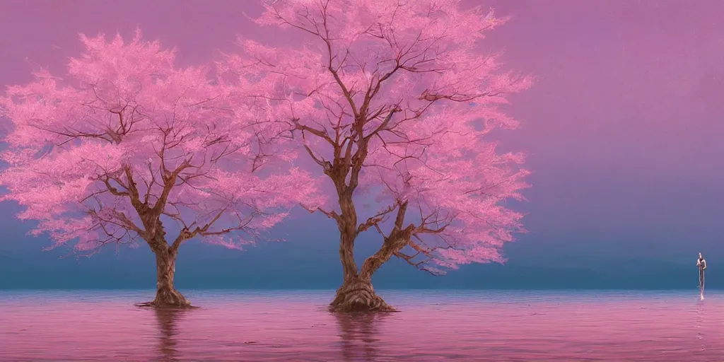 Image similar to vanishing point a single sakura tree upon a lake, viewed from afar, stephen bliss, unreal engine, illustration, fantasy art by greg rutkowski, loish, rhads, ferdinand knab, makoto shinkai and lois van baarle, ilya kuvshinov, rossdraws, tom bagshaw, global illumination, radiant light, minimalist, detailed and intricate environment