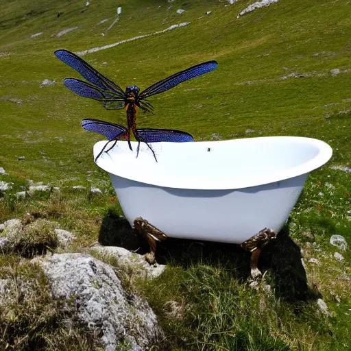 Image similar to dragonfly in a bathtub in the alps, sheep!!! in background