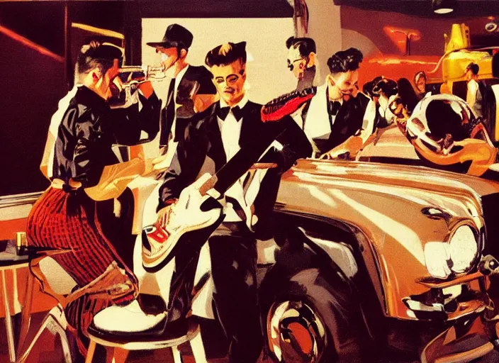 Image similar to rockabilly band 1950s, high detail, golden hour, 8K, by syd mead