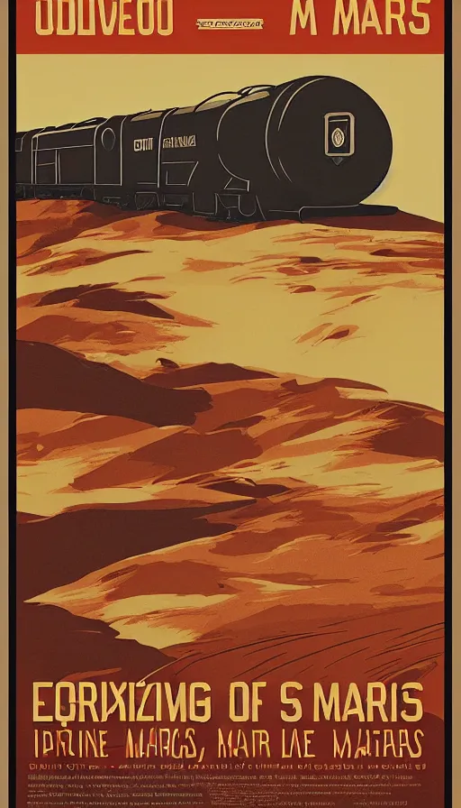 Prompt: posters for living on mars in the style of old vintage national railway posters, colonize mars posters styled like old english railway posters