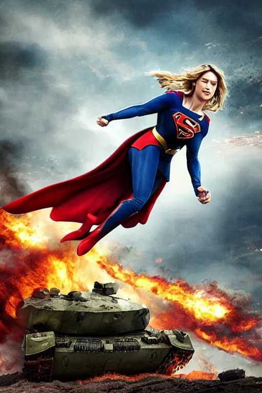 Image similar to a dramatic scene of supergirl leaping onto a tank and smashing it, on a battlefield, smoke, fires, explosions, comic art by andrew griffith, close - up, low angle, wide angle, highly detailed