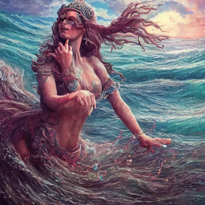 Prompt: sea witch casting a spell in the water, d & d style, trending on artstation, intricate, highly detailed, vivid painting, colorful, art by alexandr leskinen