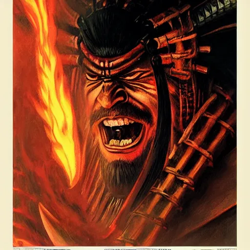 Image similar to head and shoulders portrait of a samurai fire giant, wreathed in flame, d & d, fantasy, greg rutkowski, frank frazetta, alexandre chaudret, boris vallejo, michael whelan, miro petrov, hr giger, magali villeneuve, donato giancola