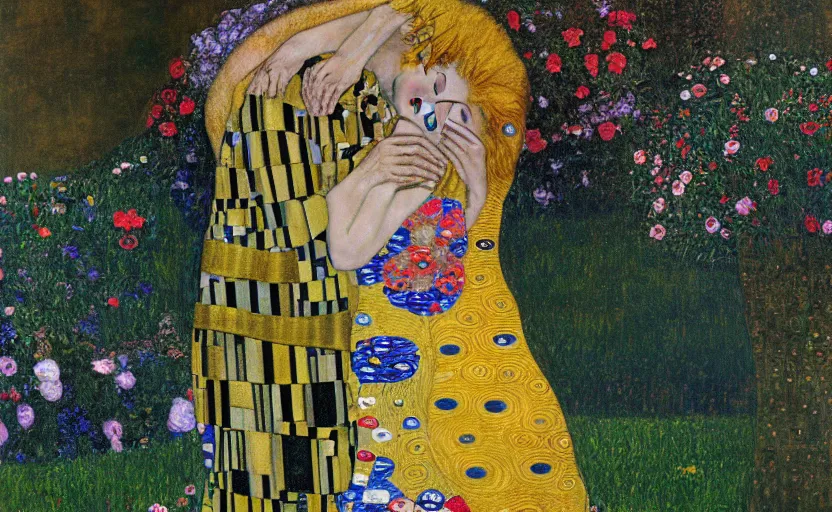 Image similar to cloud strife kissing aerith gainsborough, the kiss, gustav klimt, oil painting