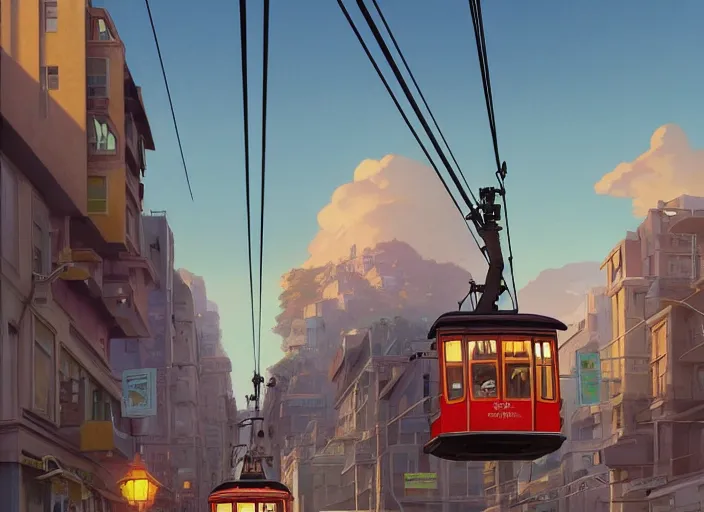 Prompt: a cable car is flying on the street of san francisco, unreal engine, fantasy art by greg, loish, rhads, ferdinand knab, tom bagshaw, makoto shinkai and lois van baarle, rossdraws, ilya kuvshinov, night lighting, trending on studio ghibli, highly detailed, 8 k, octane render