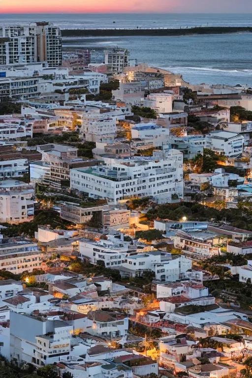 Image similar to buliding design by ricardo bofil, function is school ， people take pohto at the roof ， dusk seaside ， photography ， 8 k