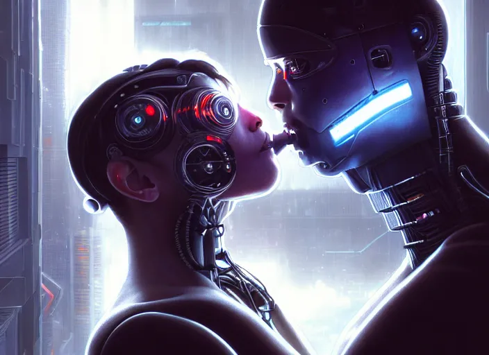 Image similar to ultra realistic medium shot of a couple of cyborgs kissing, lovers, cyberpunk, sci - fi, fantasy, kodak, colour led, soft light, volumetric lighting, fog, rays, night, intricate, highly detailed, digital painting, concept art, smooth, sharp focus, illustration, art by artgerm and greg rutkowski and alphonse mucha