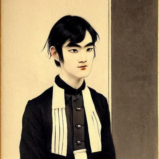 Image similar to full body painting of grumpy handsome thin beautiful man in his 2 0 s named min - jun in a french female maid outfit, modern clothing, elegant, clear, painting, stylized, delicate facial features, stylized thin lines, soft but grumpy, highly detailed, art, art by egon alphonse yamamoto