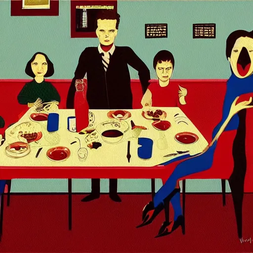 Image similar to A family lunch in the style of David Lynch, by Wes Anderson, surreal, concept art, wide angle, arstation