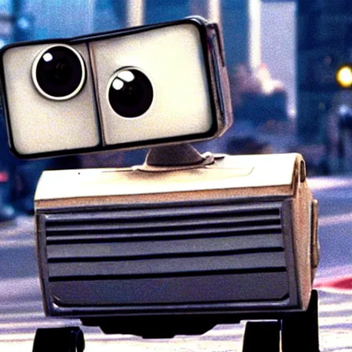 Prompt: Wall-E in New York street, epic 1986 cinematic still