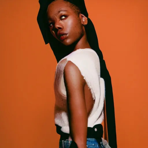 Image similar to realistic photoshoot for a new aime leon dore lookbook, color film photography, portrait of a beautiful person, in style of Tyler Mitchell, 35mm, graflex