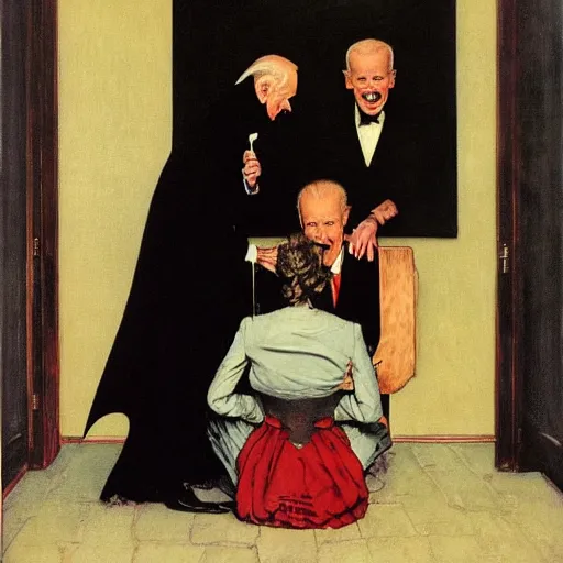Prompt: joe biden dressed as nosferatu is terrified upon meeting the attractive wife of the world's most horrible man, painted by norman rockwell and tom lovell and frank schoonover