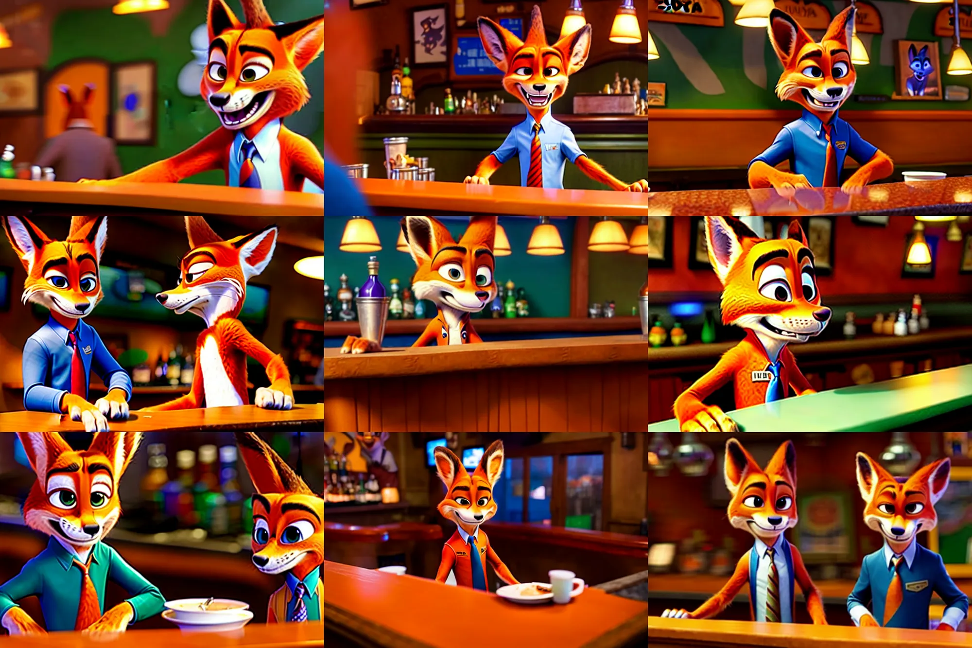 Prompt: Nick Wilde (from Zootopia) dressed in his usual outfit, sitting right across the bar from you.