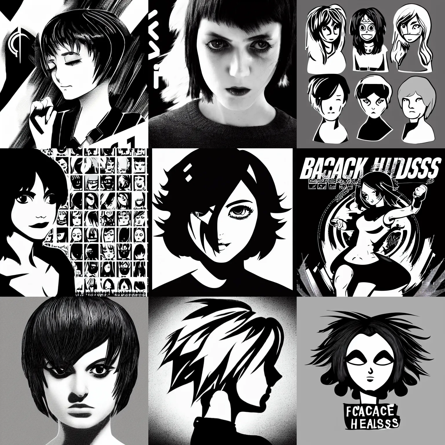 Prompt: black and white brand ( ( ( logo ) ) ) of faceless woman head and shoulders and hair in style of scott pilgrim, central composition, elegant, simple