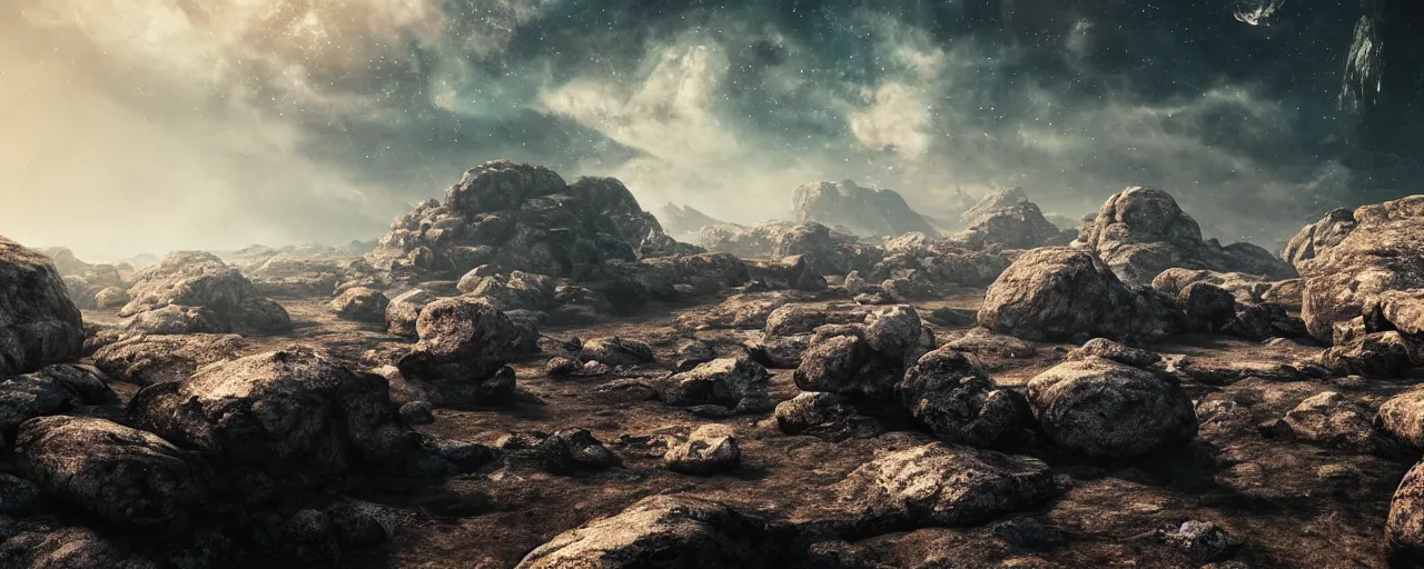 Image similar to ” rocky asteroid, [ by wlop, cinematic, detailed, epic, widescreen, opening, establishing, mattepainting, photorealistic, realistic textures, octane render ] ”
