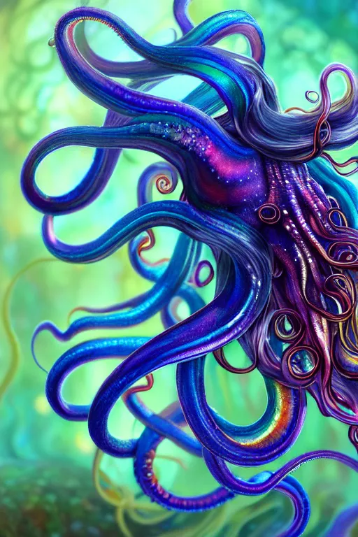 Prompt: a photorealistic detailed image of a beautiful vibrant iridescent octapus with colorful flowing tentacles hair, detailed, intricate, elegant, highly detailed, digital painting, artstation, concept art, smooth, sharp focus, illustration, art by hana yata, artem demura, alphonse mucha, octane render, unreal engine, 8 k