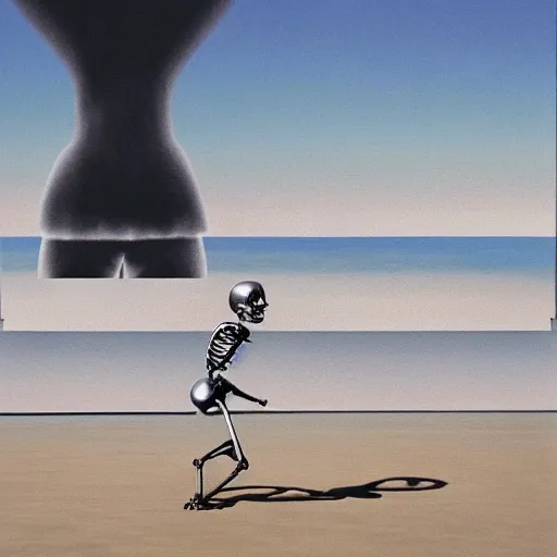 Prompt: a skeleton walking on a beach next to the ocean with nuclear bomb explosion in the background, a surrealist painting by Storm Thorgerson, featured on cg society, matte painting, naturalism, chillwave, anatomically correct