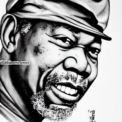 Image similar to morgan freeman, in the style of manga, black and white, highly details, serious, drawn by akira toriyama, trending on artstation