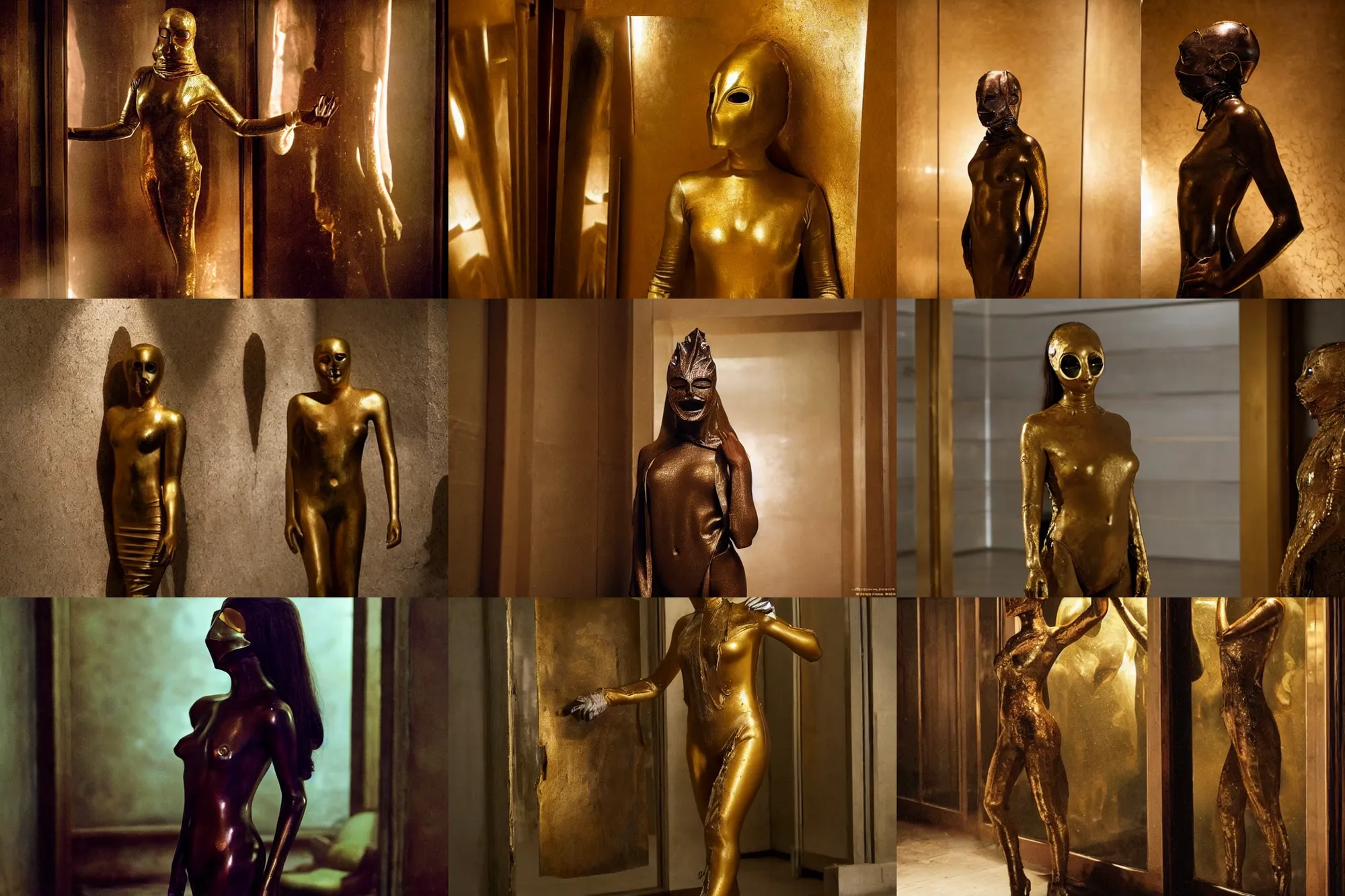 Prompt: the full body shot of dressed woman in bronze mask covered with wax inside the room without doors and windows | inception movie by ridley scott with cinematogrophy of christopher doyle and art direction by hans giger, anamorphic bokeh and lens flares, 8 k, higly detailed masterpiece