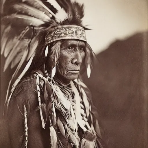 Prompt: vintage photo of a native american shaman by edward s curtis, photo journalism, photography, cinematic, national geographic photoshoot vignette