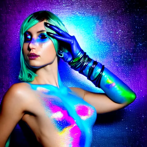 Prompt: a pirate, she is wearing iridescent bodypaint and futuristic space clothes