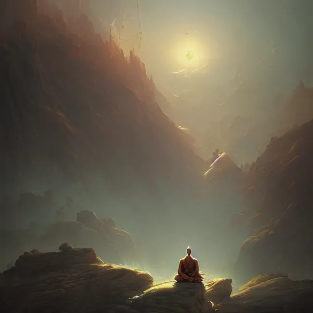 Image similar to in the style of peter mohrbacher, a glowing monk floating and meditating on a rock, dystopian landscape, intricate, masterpiece, award winning, fantasy, hyperrealism intricate