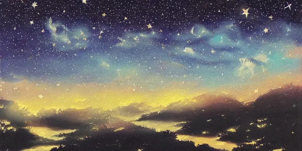 Image similar to night sky full of stars, soothing light, painting by kon, satoshi - h 5 7 6