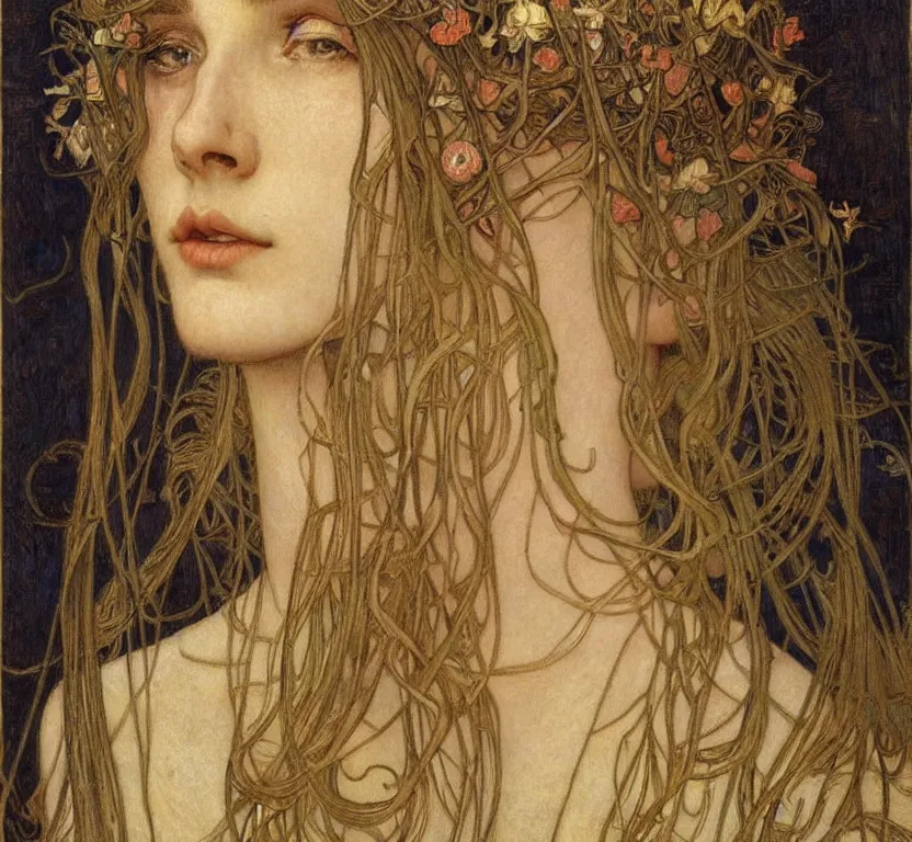 Image similar to detailed realistic beautiful young medieval queen face portrait by jean delville, alphonse mucha, vincent van gogh, and marco mazzoni, art nouveau, symbolist, visionary, gothic, pre - raphaelite