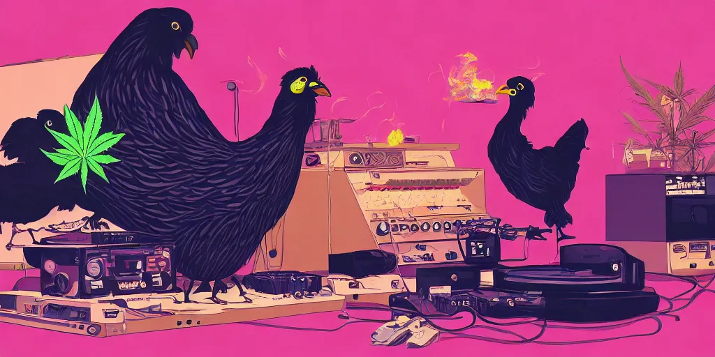 Image similar to 'black chicken'!!! smoking 'cannabis'!!!!!! in front of 'audio console'!!!! and 'multi monitors'!!!! 'in a hi-tech tv broadcasting studio'!!!!, artwork by James Gilleard