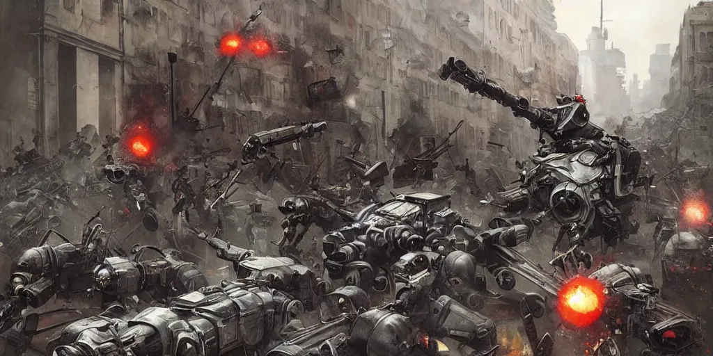 Image similar to spider robots terrorise streets of weimar berlin and attack freikorps soldiers and civilians, detailed painting, intense heavy street battle, bullet hell, pile of bodies, art by greg rutkowski and jakub rozalski