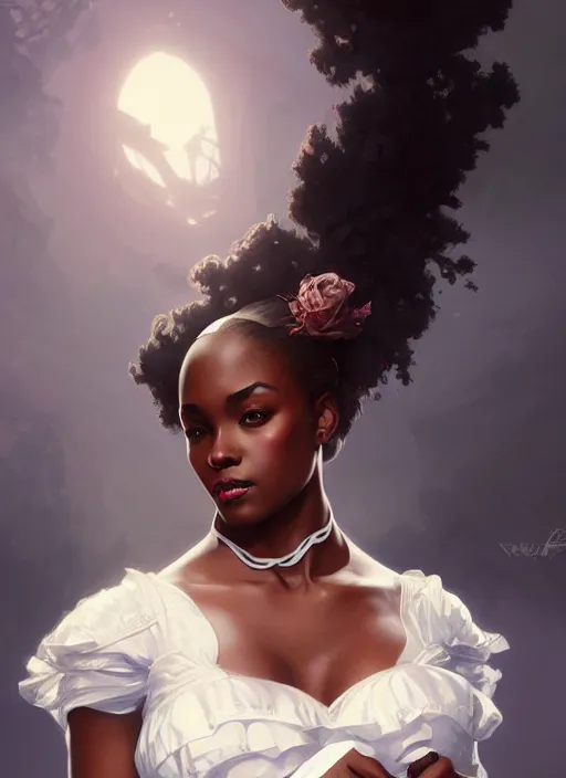 Image similar to cute black woman wearing a white corset dress, fantasy, intricate, highly detailed, digital painting, artstation, concept art, wallpaper, smooth, sharp focus, illustration, art by artgerm and greg rutkowski and alphonse mucha