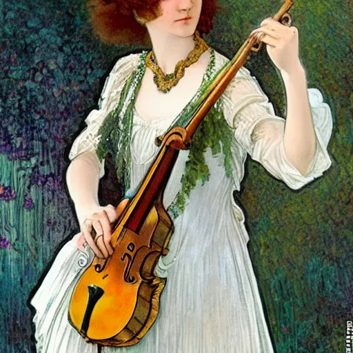 Image similar to A young edwardian woman wearing a white dress, holding a violin in her hands, in the style of mucha