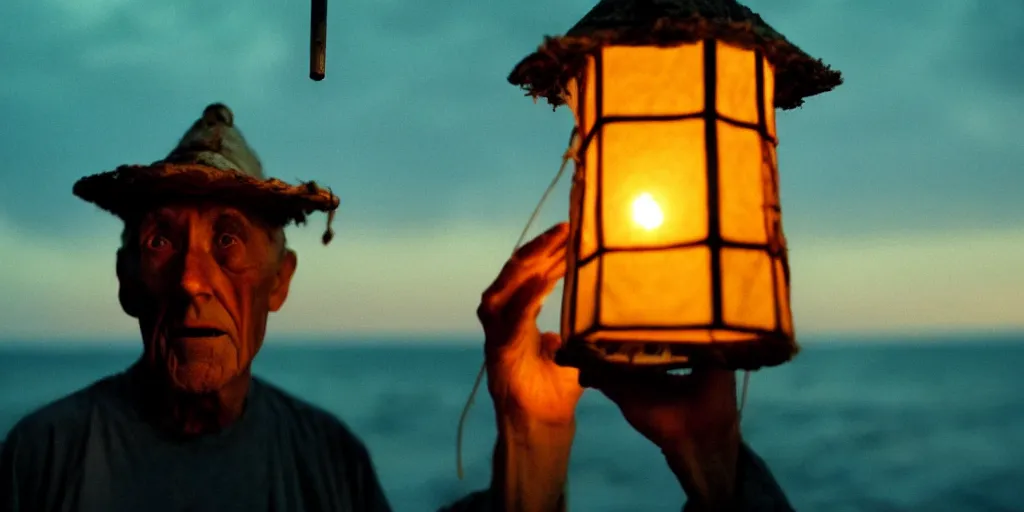 Image similar to film still of closeup old man holding up lantern by his beach hut at night. pirate ship in the ocean by emmanuel lubezki