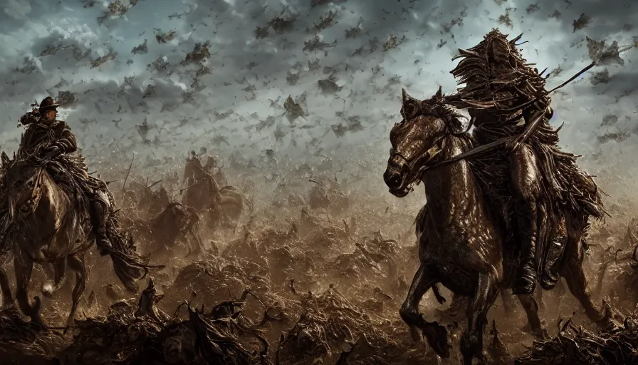 Prompt: Horseman riding through a swarm of locusts, trending on artstation, 4k