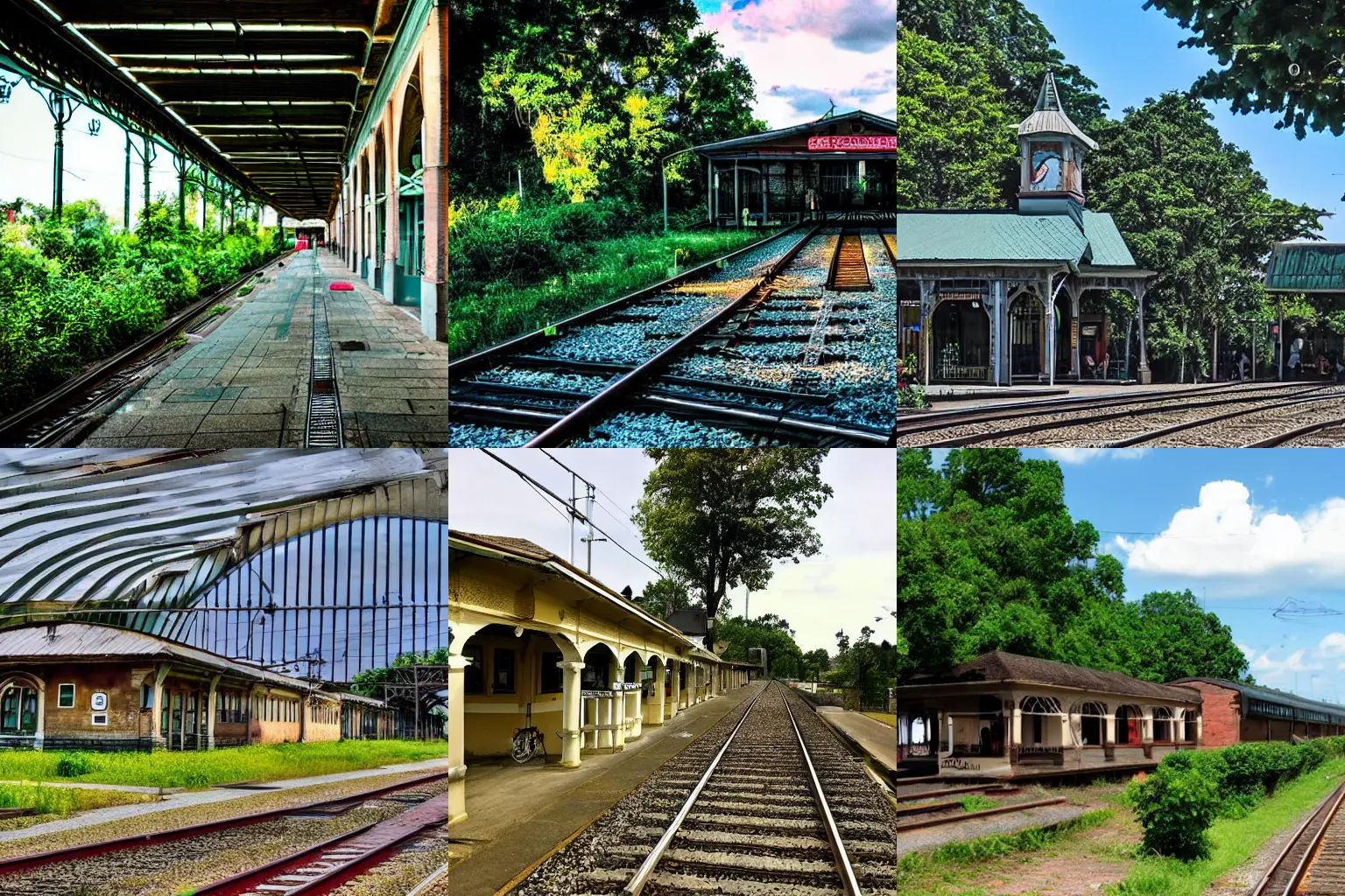 Prompt: nostalgic train station where you hear the loud chirping of crickets nearby completely blue skies