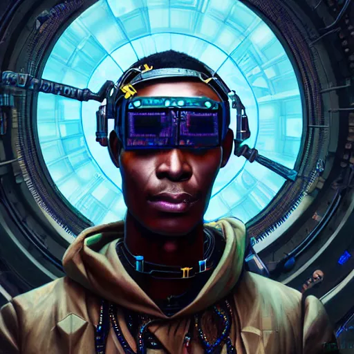 Image similar to a dogon cyberpunk hacker, steampunk stargate by greg rutkowski and android jones in a surreal portrait style, oil on canvas, ancient cyberpunk 8k resolution