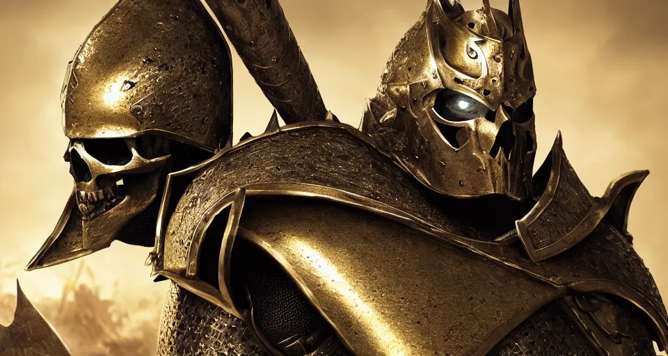 Prompt: render of A skull faced knight with a skull mask, wearing a golden set of armor standing strong in the middle of a battlefield, hyper realistic, unreal, craig mullins, alex boyd, lord of the rings, game of thrones, dark souls, skyrim, dragon age, artstation, cinematic shot, warhammer, dungeons and dragons