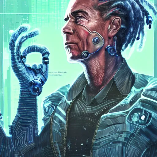 Image similar to portrait of ronald reagan with dreadlocks, cyberpunk setting, futuristic, highly detailed, intricate lighting, digital painting, sharp focus, illustration, trending on artstation, art by magali villenueve.