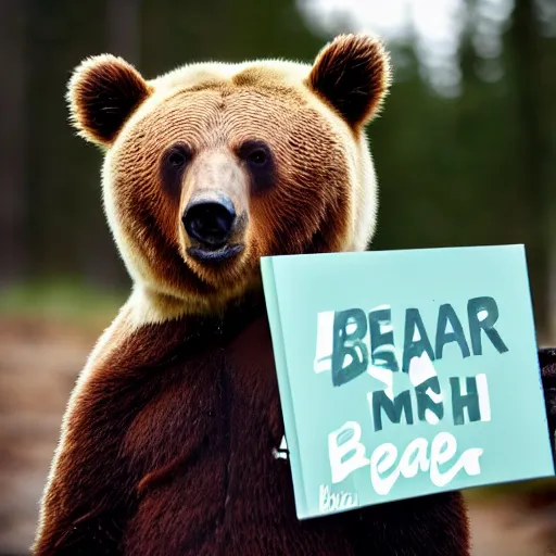 Prompt: ! bear! holding a sign that says bear, 5 0 mm lens, bokeh, good lighting