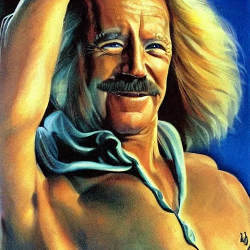 Prompt: boris vallejo portrait of joe biden wearing monokini in the movie zardoz