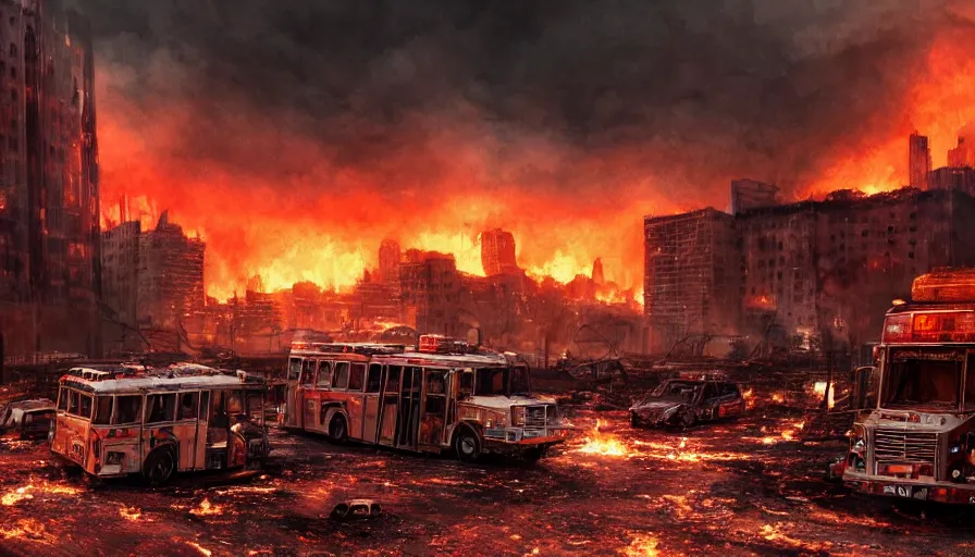 Image similar to A detailed render of a post apocalyptic scene of Fire and explosions on the 3rd precinct, burned down city buses on fire, sci-fi concept art, lots of fire, panic, dark, clouds, 8k, high detail, advanced rendering whimsically designed art, 4k post-processing highly detailed, Soft illumination