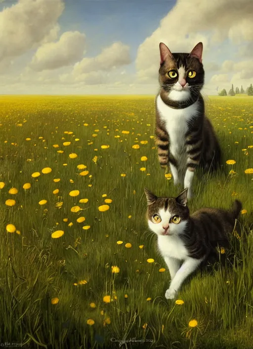 Image similar to the cat in the field from : dandelions, poppy and tulip, chamomile, hyperrealism, no blur, 4 k resolution, ultra detailed, style of ivan shishkin, tyler edlin, tom bagshaw, arthur rackham,