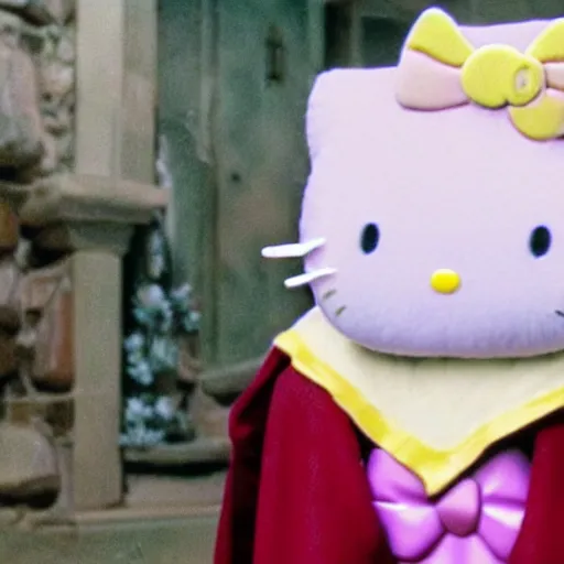Prompt: portraid of gandalf wearing a Hello Kitty costume, holding a blank playing card up to the camera, movie still from the lord of the rings
