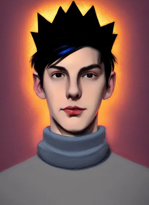 Image similar to portrait of teenage jughead jones wearing a light grey crown, crown, blue turtleneck, 1 9 5 0 s, closed eyes, photorealistic, black hair, glowing lighting, intricate, elegant, glowing lights, highly detailed, digital painting, artstation, concept art, smooth, sharp focus, illustration, art by wlop, mars ravelo and greg rutkowski