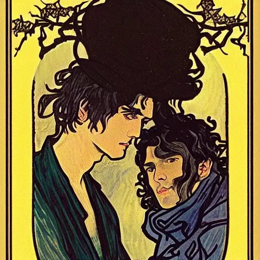 Image similar to tarot card of young cute handsome beautiful dark medium wavy hair man in his 2 0 s named shadow taehyung and cute handsome beautiful min - jun together at the halloween party, bubbling cauldron, candles, smoke, autumn colors, elegant, stylized, soft facial features, delicate facial features, art by alphonse mucha, vincent van gogh, egon schiele