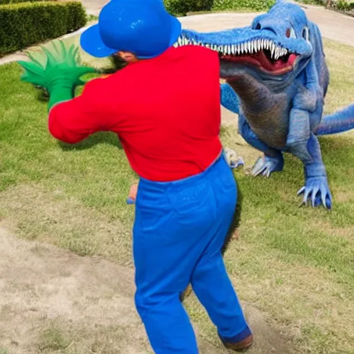 Image similar to italian plumber wearing a red hat and shirt, blue jumpsuit fighting a dinosaur, real life, realistic