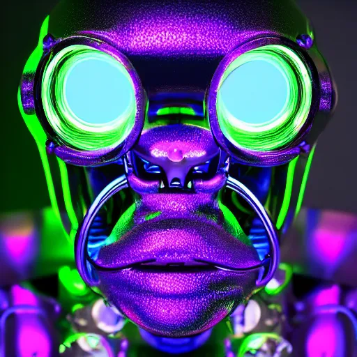 Prompt: portrait photo of a silver and purple glossy metallic futuristic steampunk robot cute ape head and bust covered with multicolored glowing gears and tubes and cables, crisp, fluorescent colors, insanely detailed, 3 d render, front shot