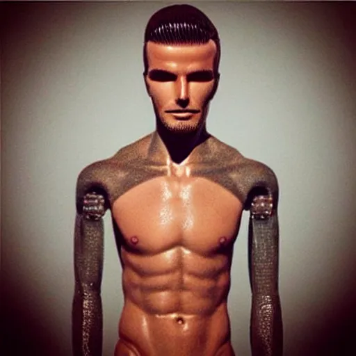 Image similar to “a realistic detailed photo of a guy who is an attractive humanoid who is half robot and half humanoid, who is a male android, David Beckham, shiny skin, posing like a statue, blank stare”