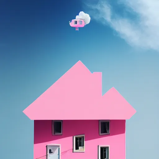 Prompt: a 5 0 mm lens photograph of a cute pink floating modern house, floating in the air between clouds, inspired by the movie up. mist, playful composition canon, nikon, award winning, photo of the year