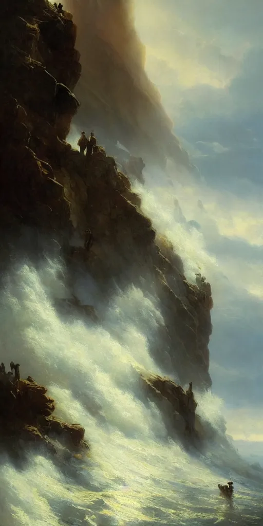 Prompt: a big cliff at the middle of the day in 1 9 4 0, stormy sea, a only men stand up at the edge of the precipice, steam punk, mystical yellow fog, oil on canvas, art by andreas achenbach, clemens ascher, tom bagshaw and sabbas apterus,